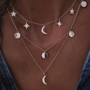 Gold Or Silver Stars & Moon Layered Necklace